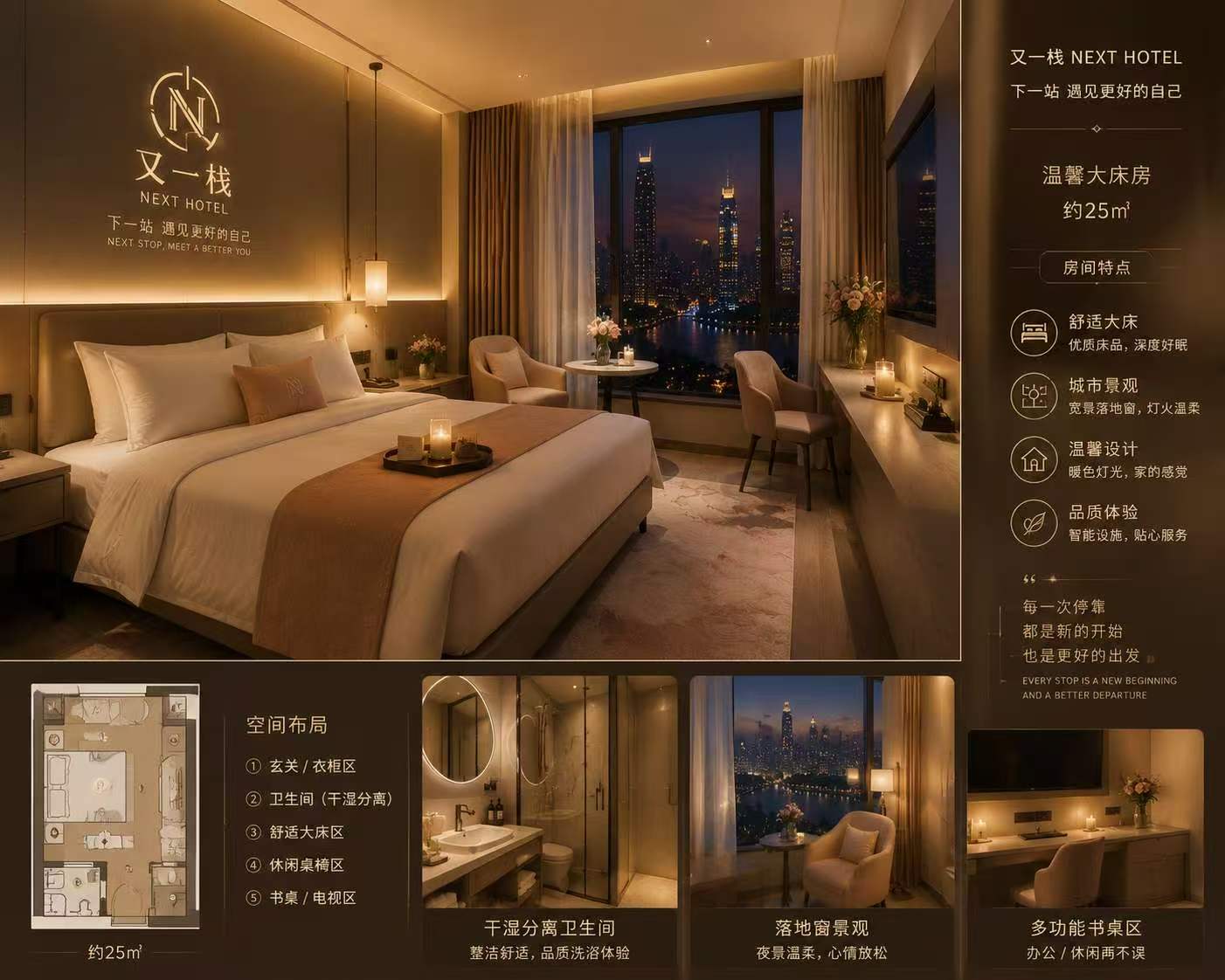 约25平方米酒店客房AI辅助概念设计多角度方案